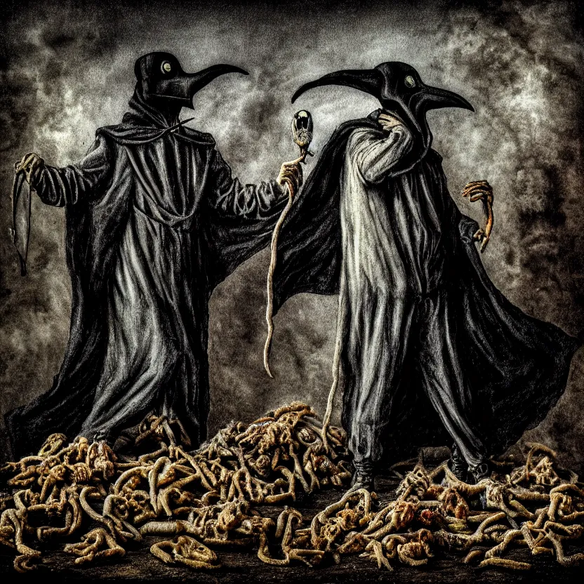 Prompt: plague doctor standing over a pile of decomposing corpses, a screaming man half - eaten by maggots, photograph by joshua hoffine, fear, morbid, nightmare, supernatural, 8 k, highly detailed, ( ( ( ( very colorful ) ) ) ), chiaroscuro, creepy, terrifying