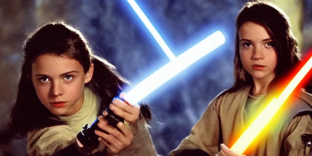 Image similar to a full color still of a teen brunette Jedi padawan holding a lightsaber hilt during a sci-fi battle, cinematic lighting, 1999, directed by Steven Spielberg, 35mm