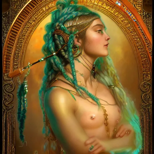 Image similar to artstation, intricate detail, portrait by gaston bussiere, tan skin, lady of elche, egyptian sumerian features, techno mystic dominatrix goddess intergalactica inanna with aqua neon rapunzel dreadlocks,