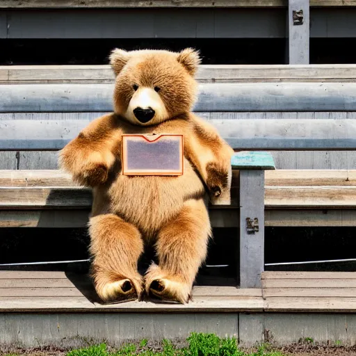 Image similar to photograph of a sad bear mascot sitting on wood bleachers