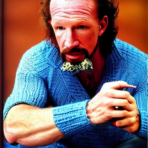 Prompt: Diamond Dallas Page knitting!!, candid photograph by Annie Leibovitz. Detailed face!!!! Detailed hands!!!! Yarn!!!