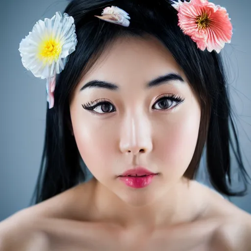 Image similar to Photo portrait of a young Asian woman, black hair, beautiful eyes, detailed eyes , EOS-1D, f/1.4, ISO 200, 1/160s, 8K, RAW, unedited, symmetrical balance, in-frame