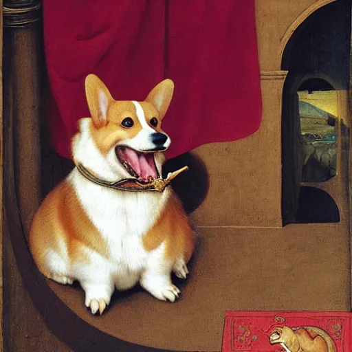 Prompt: a corgi eating a dragon by jan van eyck