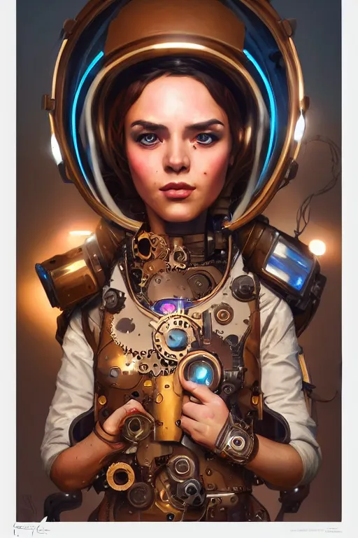 Prompt: portrait of a steampunk cosmonaut girl with mechanical parts by Artgerm and Greg Rutkowski , néon light, digital painting, highly detailed, trending on artstation