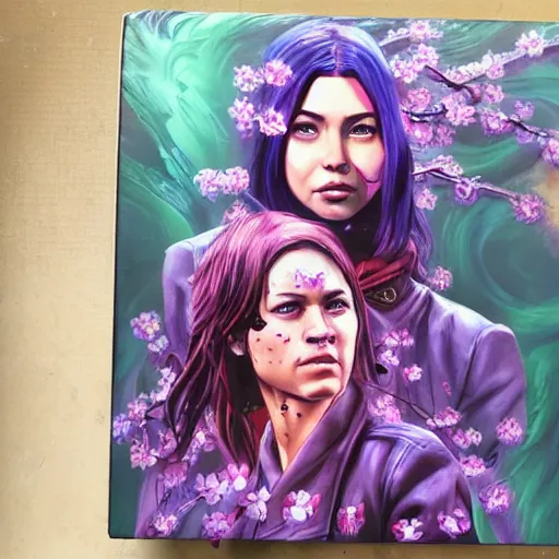 Image similar to an epic fantastic realism comic book style portrait painting of a purple - eyed girl, cherry blossom rain everywhere, apex legends,