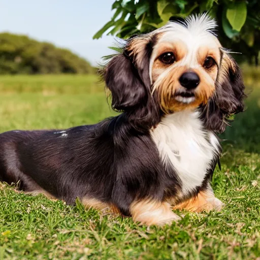 Image similar to a cute mutt who is half long haired dachshund and half shih tzu, laying under a tree on a farm, golden hour, promised land