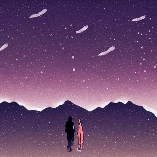 Image similar to a beautiful landscape showing mountains, stars and galaxies in the background. The silhouet of a young couple sits in the foreground, drawn, sketch, anime style