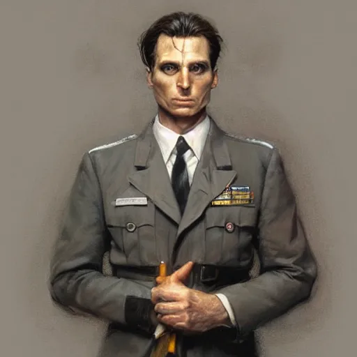 Prompt: Patrick Bateman as a soldier, closeup character art by Donato Giancola, Craig Mullins, digital art, trending on artstation