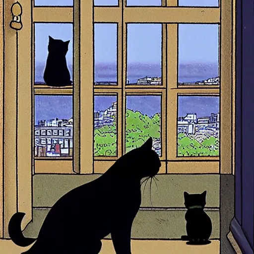 Prompt: a black cat and pug dog who are in love and hold hands while looking out over a city, Miyazaki, studio ghibli