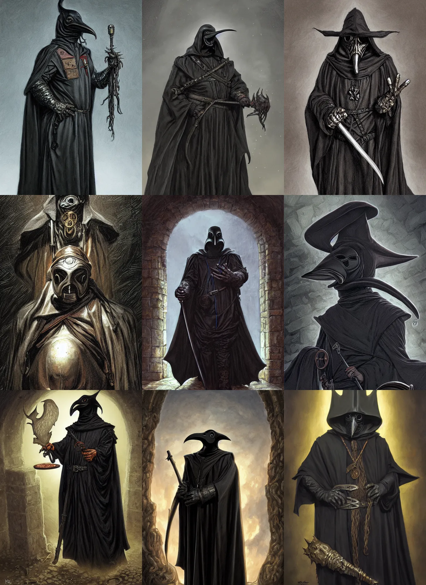 Prompt: a portrait, a plump amphibious humanoid wearing a pointy bird style black plague doctor mask, wearing black medieval robes, medical doctor, style by donato giancola, wayne reynolds, jeff easley dramatic light, high detail, cinematic lighting, artstation, dungeons and dragons