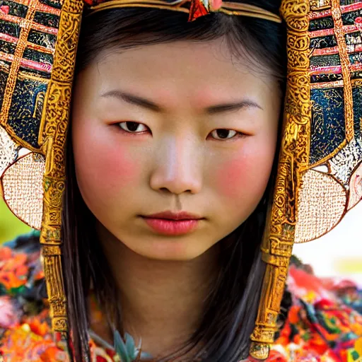 Image similar to A female maiden ancient asian tribal princess, (EOS 5DS R, ISO100, f/8, 1/125, 84mm, postprocessed, crisp face, facial features)