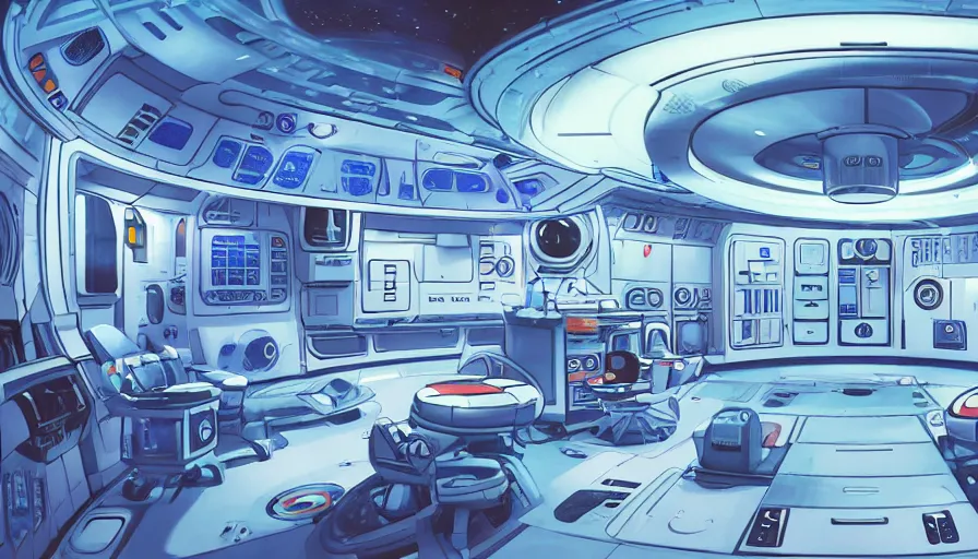 Image similar to a space ship circular medic room with bright holodesk in the center showing a blue hologram of a solar system, cryogenic pods, dark people discussing, contrasted light, clair obscur, illustration, clean lines, star wars vibe, by sead mead, by feng zhu!!! by moebius, vivid colors, spectacular cinematic scene