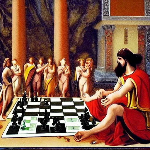 Prompt: Olympus gods playing chess, Greek art