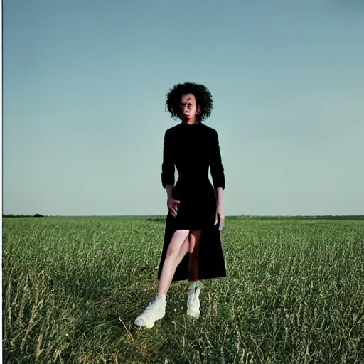 Image similar to realistic!!! photoshoot for a new dior lookbook, color film photography, portrait of a beautiful woman, location on a open field, in style of tyler mitchell, 35mm