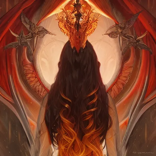 Prompt: a great lucifer, great wings, demon horn with fire on head, long dark hair, intricate, elegant, highly detailed, digital painting, artstation, concept art, smooth, sharp focus, illustration, art by artgerm and greg rutkowski and alphonse mucha