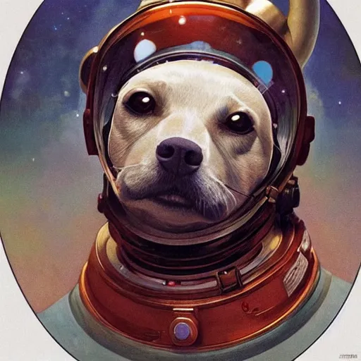 Image similar to realistic heroic portrait of Laika the russian space dog, first dog in orbit 1957, wearing her space helmet, in a circle frame, art by Artgerm and Greg Rutkowski and Alphonse Mucha