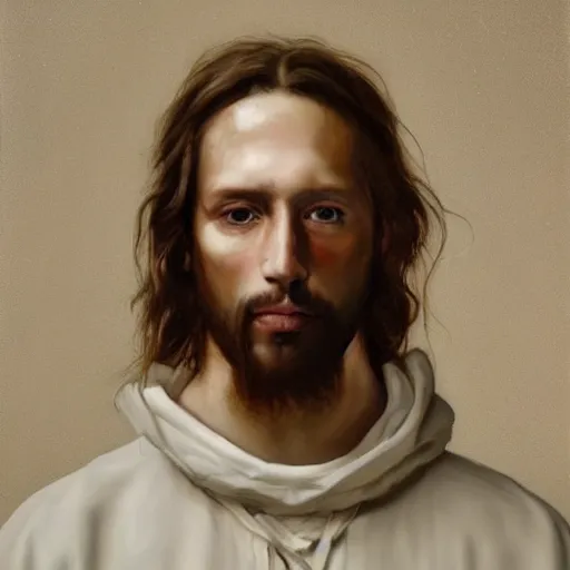 Image similar to a full body portrait of modern day jesus wearing cream yeezy menswear collection by nicola samori, hat and hoodie, detailed, oil painting, hyper realistic, 8 k, yeezy collection