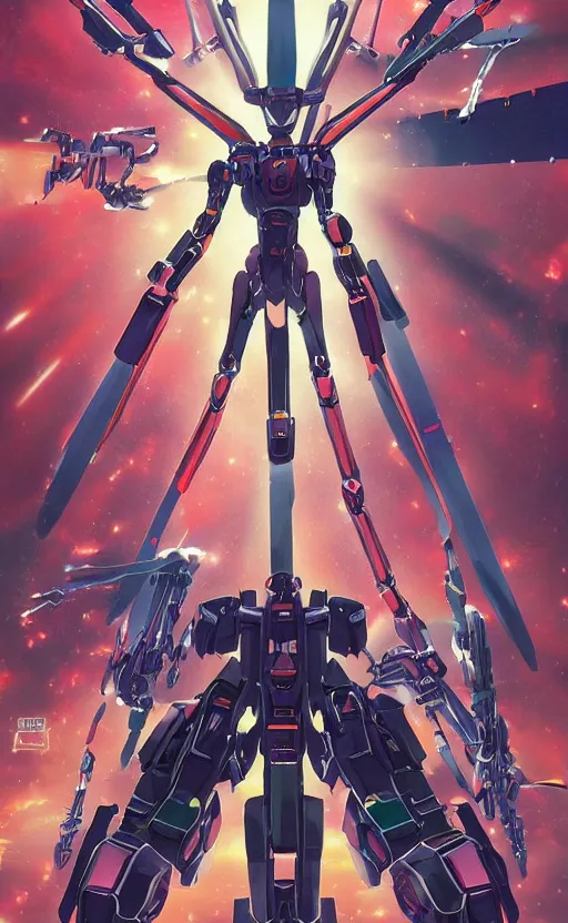 Image similar to movie poster of < 3 d huge mecha > with a < full mechanical guitar >, in the style of < neon genesis evangelion >, < full body robot >, 3 d anime, arcane style, retropunk, steampunk, high resolution, 4 k, retrofuturism, by ghibli and < simon stalenhag >