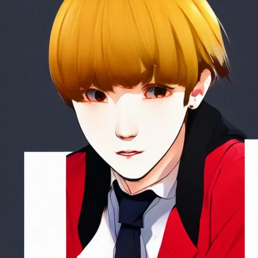 Image similar to a headshot of a very happy yoongi closed smile - short black hair wearing male school uniform, sharp focus, illustration, morandi color scheme, art station, high detailed, by ilya kuvshinov, gorillaz art