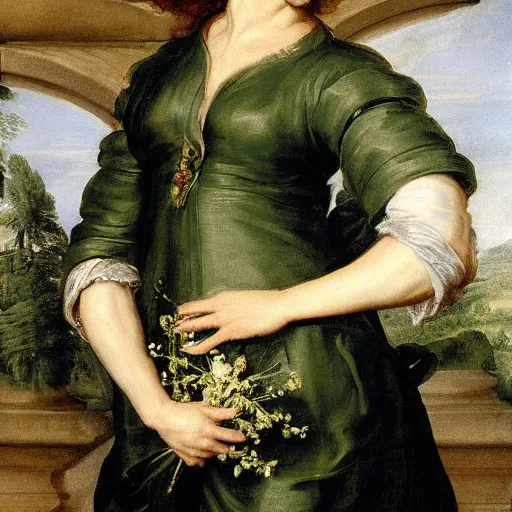 Image similar to Emily Blunt wearing green tunic holding a flower. Painted by Rubens, high detail