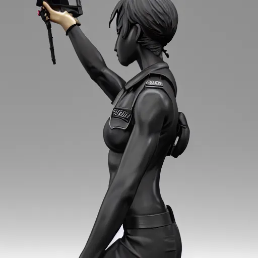 Image similar to a statue of an extremely beautiful female anime riot policewoman made of black marble, 4 k, 8 k, hd, render, denoise, sharp focus, clear focus, beautiful lighting, trending on artstation, tactical gear, chest rig, straps, nylon, buckles