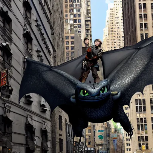 Image similar to toothless from how to train your dragon flying in new york city