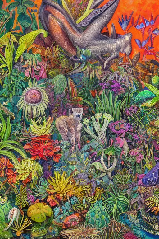 Prompt: a painting of a bunch of plants and animals, a detailed painting by john backderf, trending on behance, psychedelic art, behance hd, detailed painting, storybook illustration.