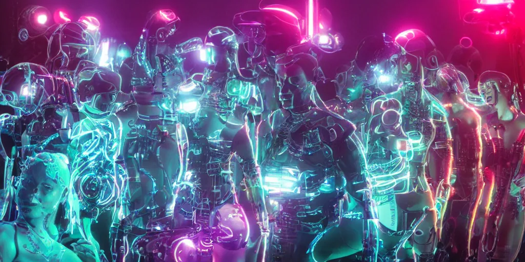 Image similar to diverse groups of cyborgs with glowing electronic bodies, from behind, rebirth, beauty, wide angle, elaborate, wet, highly detailed, colors, beautiful lighting