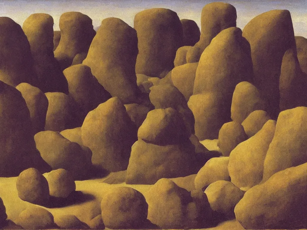 Image similar to The sentient rocks are taking revenge. long, long shadows over the man. Surreal everything: tooth an nail. Painting by Zurbaran, Rene Magritte, Jean Delville, Max Ernst, Maria Sybilla Merian