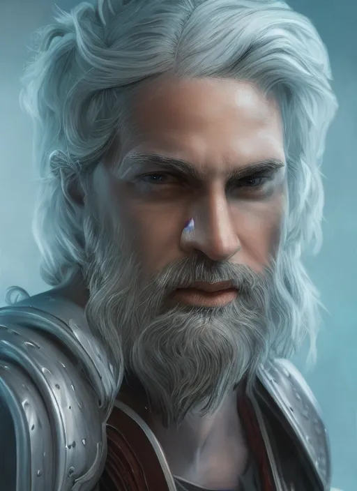 Image similar to an epic fantastic realism comic book style portrait painting of an aasimar paladin, male, silver hair, short brown beard, d & d concept art, unreal 5, daz, teal aesthetic, octane render, cosplay, rpg portrait, dynamic lighting