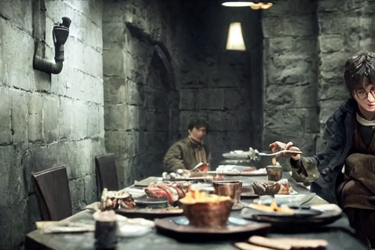 Image similar to Harry potter film, a scene where Harry Potter eating in a Concrete wall basement, Sushi is placed on a small aluminum table placed in the center, Dark cinematic color tones.