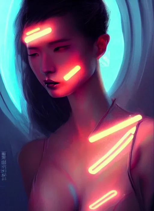 Prompt: sensual oriental female humanoid with freckles, by loish, d & d, fantasy, cyber neon lighting, futurism, intricate futuristic jewelry accessories, cyberpunk high fashion, profile posing, hyper photorealistic, digital photography, artstation, pinterest, concept art, art by pascal blanche and greg rutkowski,