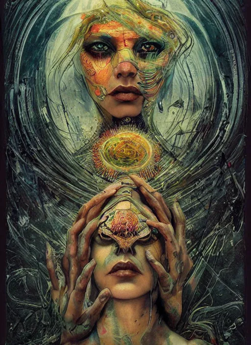 Prompt: tripping magic cult psychic woman, painted face, third eye, energetic consciousness psychedelic, epic surrealism expressionism symbolism, symmetrical face, by joao ruas, karol bak, masterpiece