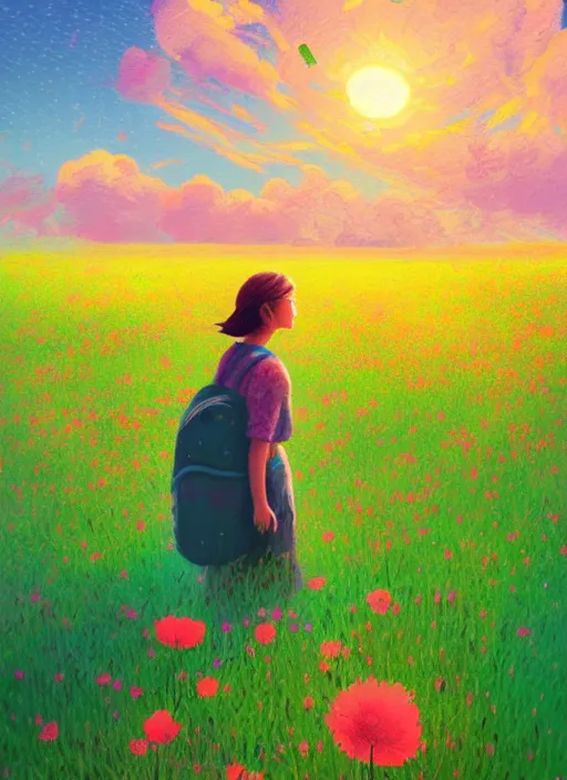 Prompt: girl with flower face, in a field with flowers, hills, big trees, sunrise dramatic light, impressionist painting, colorful clouds, digital painting, pointillism, artstation, simon stalenhag, flower head