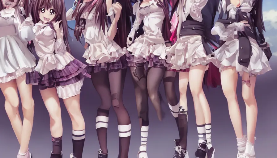 Image similar to group of cute anime characters in very short miniskirts, lightly dressed, ultra detailed digital art, hyper real, detailed, group photo, ultra detailed, ground up angle