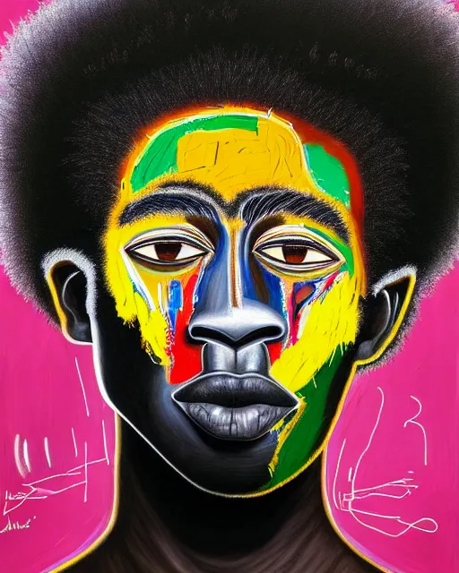 Image similar to A extremely ultra highly detailed majestic hi-res beautiful immaculate head and shoulders award winning painting stunning masterpiece of the face of a strong black african warrior man with an afro by Jean-Michel Basquiat, 8k, high textures, ultra hyper sharp, insanely detailed and intricate, super detailed, 8k HDR ultra high quality