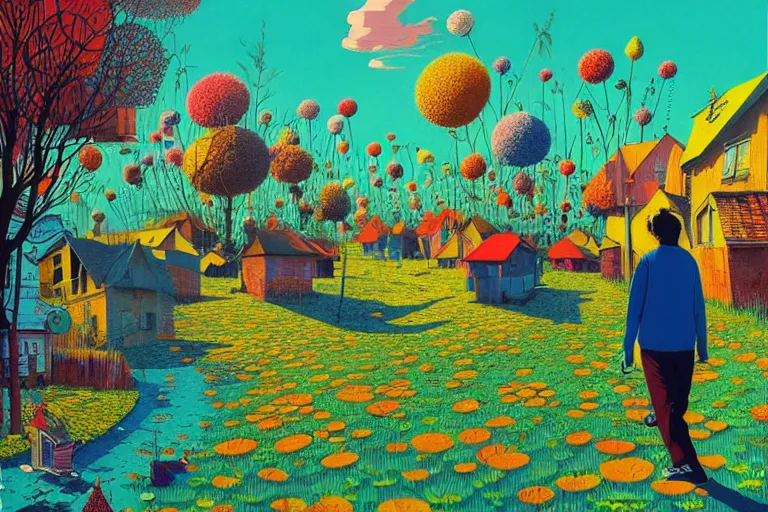 Image similar to surreal glimpse into other universe, jalan - jalan cari makan, summer morning, very coherent and colorful high contrast, art by!!!! gediminas pranckevicius!!!!, geof darrow, floralpunk screen printing woodblock, dark shadows, hard lighting, stipple brush technique,