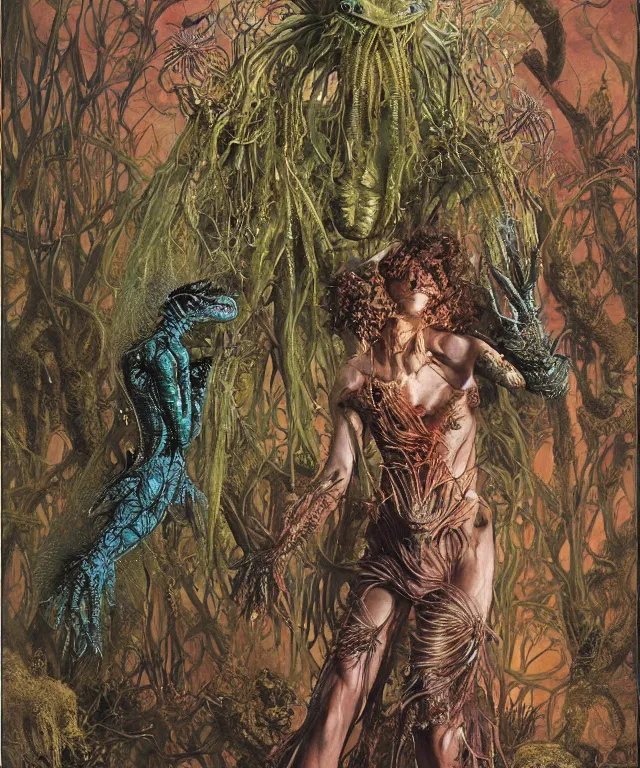 Prompt: a portrait photograph of a fierce sadie sink as an alien harpy queen with blue slimy amphibian skin. she is trying on evil bulbous slimy organic membrane fetish fashion and transforming into a fiery succubus amphibian cactus. by donato giancola, walton ford, ernst haeckel, brian froud, hr giger. 8 k, cgsociety