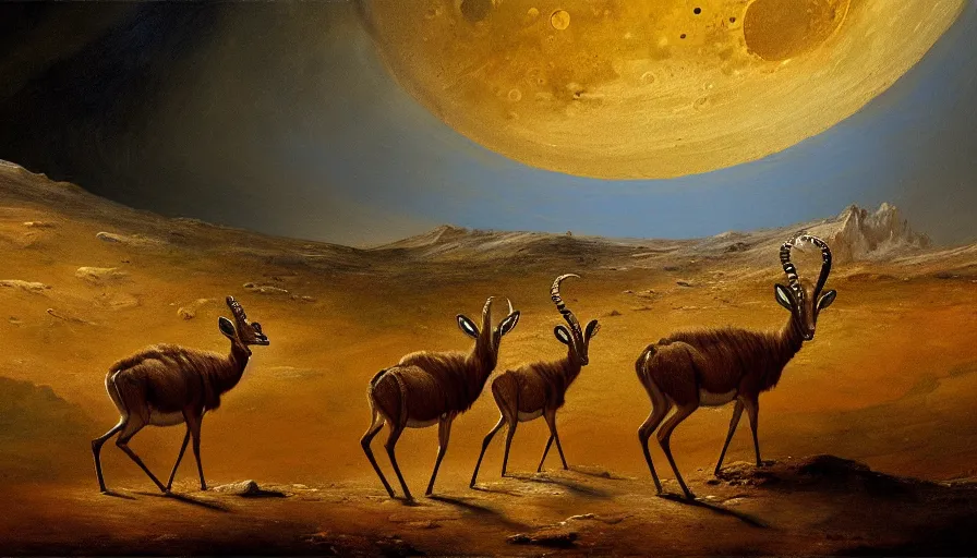 Prompt: highly detailed painting of antelopes on the surface of the moon by william turner, thick brush strokes and visible paint layers, 4 k resolution