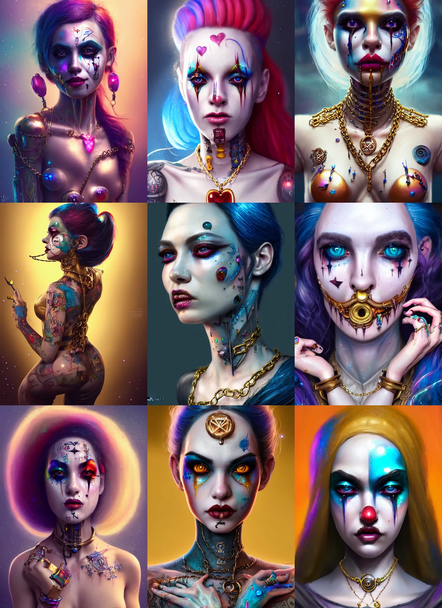 Prompt: disney 8 k photo, stunning shiny sweaty porcelain rich grand iridescent emo edc chained clowncore cyborg college ig woman, face tattoos, golden ratio details, sci fi, fantasy, cyberpunk, intricate, decadent, highly detailed, digital painting, octane render, artstation, concept art, smooth, sharp focus, illustration, art by loish, wlop
