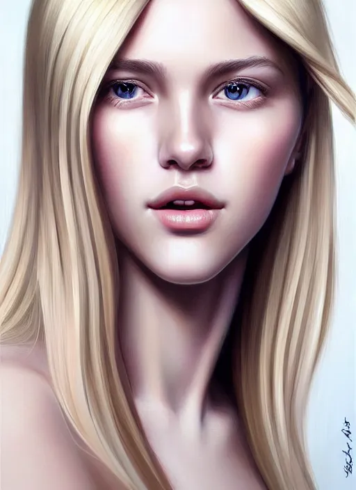 Image similar to beautiful symmetrical face, portrait of young woman blessed with ever - increasing physical and mental perfection, realism, blonde hair, coquettish perfect face!! intricate, elegant, highly detailed, vision of holy perfection!! smile, digital painting, artstation, concept art, smooth, sharp focus, illustration, art by artgerm and greg rutkowski and alphonse mucha