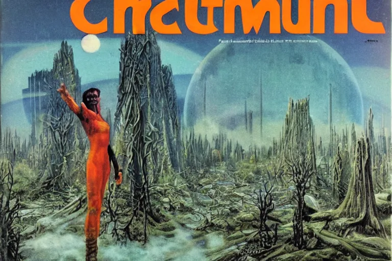 Prompt: 1 9 7 9 omni magazine cover of a nature druid elf in postapocalyptic city intertwined with nature and forest floating in in the clouds of jupiter, by vincent di fate