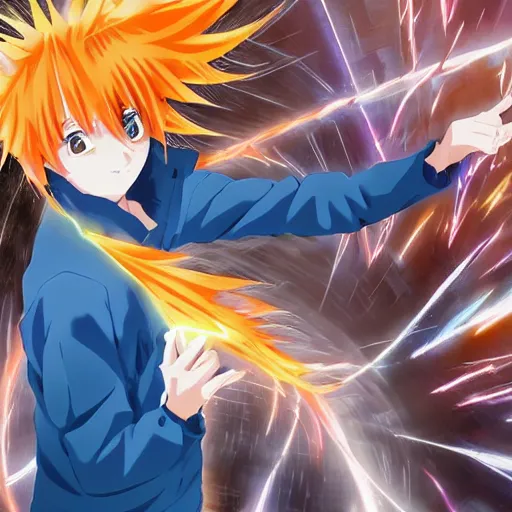 Prompt: orange - haired anime boy, 1 7 - year - old anime boy with wild spiky hair, wearing blue jacket, holding magical technological card, futuristic effects, fractal card, magic card, in front of ramen shop, strong lighting, strong shadows, vivid hues, raytracing, sharp details, subsurface scattering, intricate details, hd anime, 2 0 1 9 anime