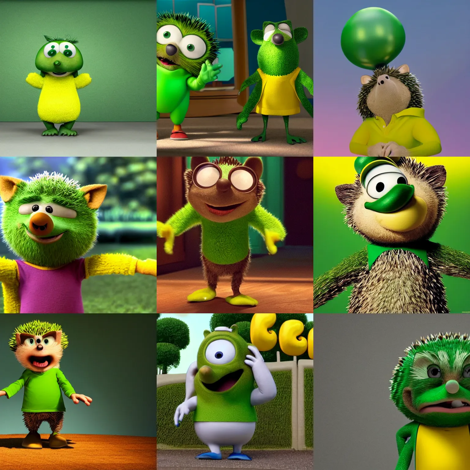 Prompt: green anthropomorphic hedgehog wearing a yellow shirt by Pixar, cinematic shot