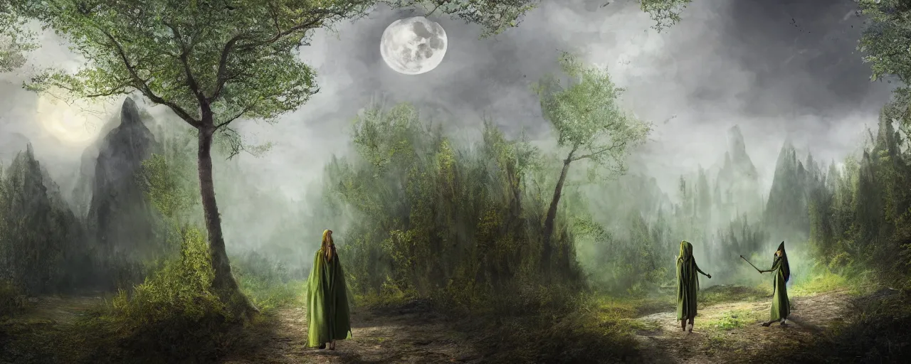 Prompt: view behind elven woman in green hooded robe holding a staff on a cobbled forest road with basalt mountains on either side, moon in the sky mid explosion, night time, dramatic lighting, digital painting, 8k, highly detailed,