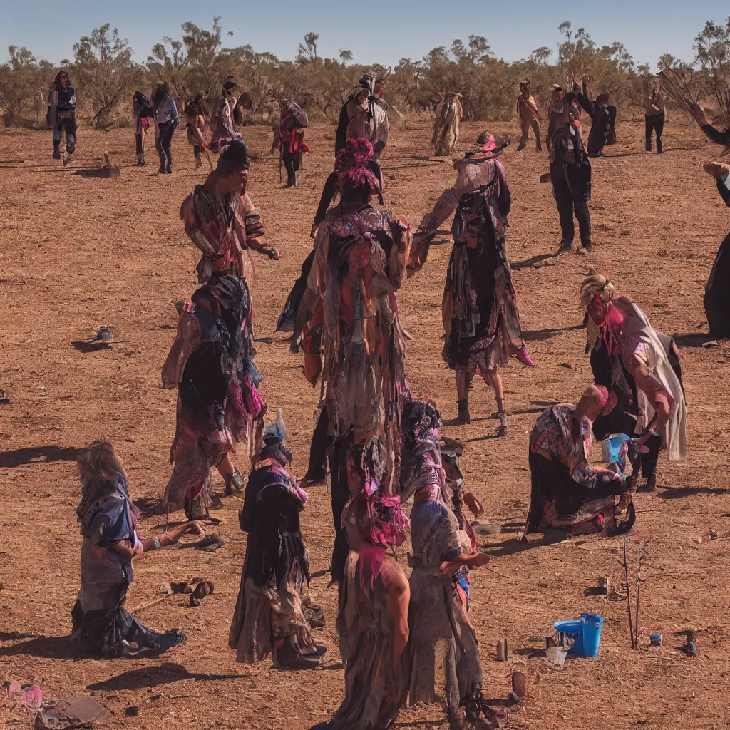 Image similar to photograph of three ravers, two men, one woman, woman is in a trenchcoat, blessing the soil at night, seen from behind, talking around a fire, two aboriginal elders, dancefloor kismet, diverse costumes, clean composition, desert transition area, bonfire, starry night, australian desert, xf iq 4, symmetry, sony a 7 r