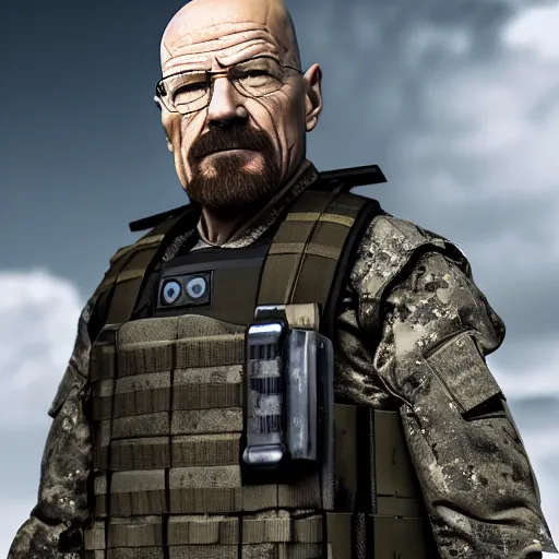 Prompt: Walter White wearing heavy modern military gear and holding a bulletproof shield, highly detailed, 8k octane render