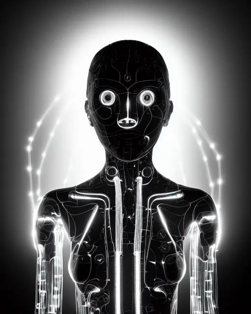 Image similar to black and white artistic photo, full figure, young female cyborg - vegetal, microchip, artificial intelligence, bio - mechanical bio - luminescence, black wired cables, cinematic, rim light, photo - realistic, 8 k