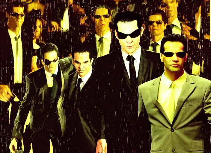 Prompt: portrait of tommy tallarico dressed as agent smith from the matrix surrounded by multiple tommy tallarico dressed as agent smith from the matrix with matrix filter