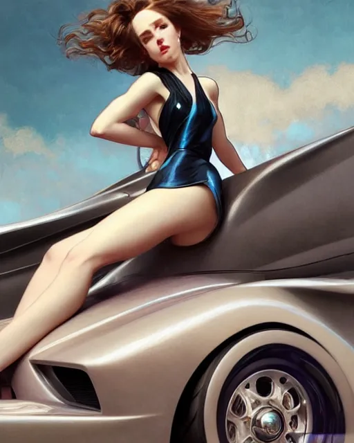 Image similar to car show girl with low cut shiny dress sit on sports car. symmetry face, fine details, intricate, elegant, sharp focus, illustration, matte, art by wlop and artgerm and greg rutkowski and alphonse mucha, raytracing, octane, trending on artstation